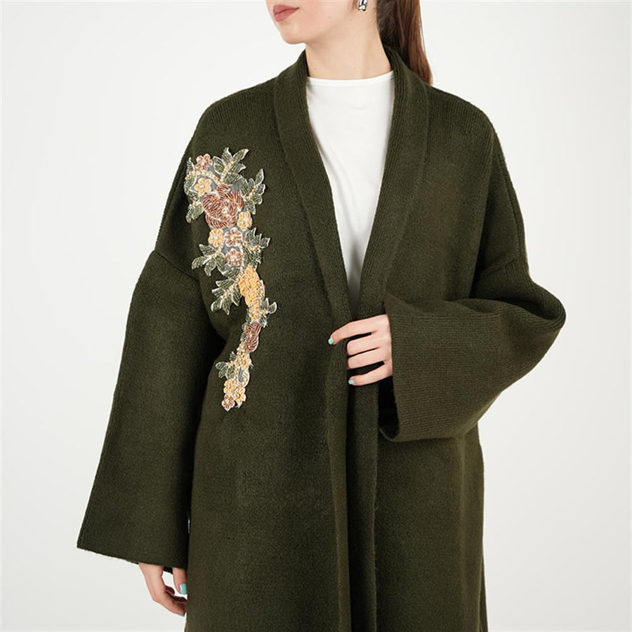 Tek Tarafı İşlemeli Triko Hırka Haki