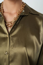 V Yaka Haki Saten Gömlek –  34706