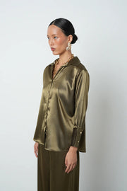 V Yaka Haki Saten Gömlek –  34706