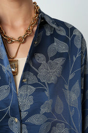 Lacivert Yaprak Desenli Oversize Kadın Gömlek - 34687