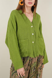 Üç Düğmeli Cepli Keten Ceket