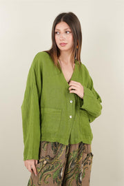 Üç Düğmeli Cepli Keten Ceket