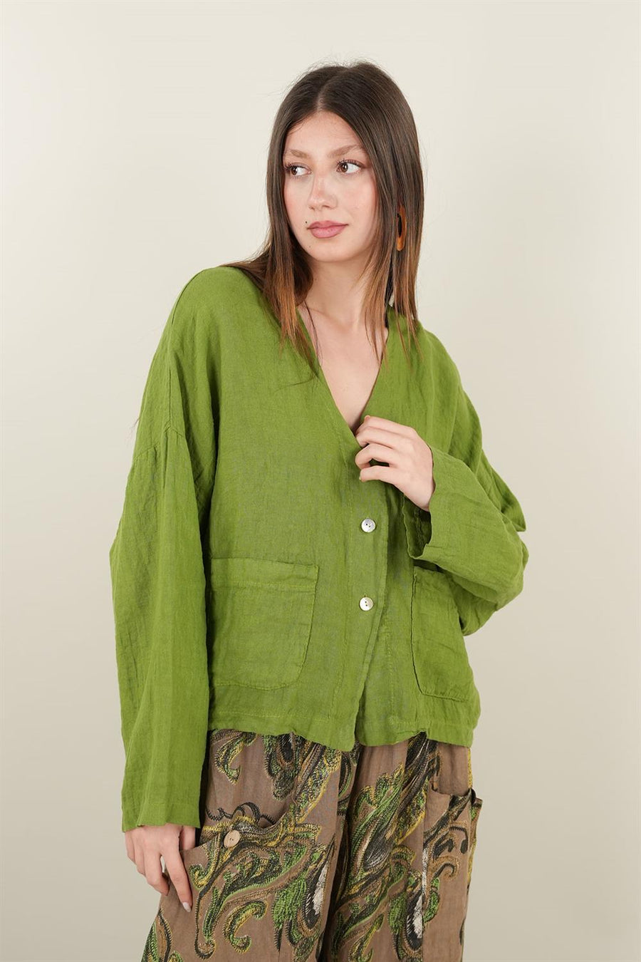 Üç Düğmeli Cepli Keten Ceket