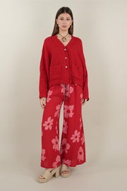 Üç Düğmeli Cepli Kırmızı Keten Ceket