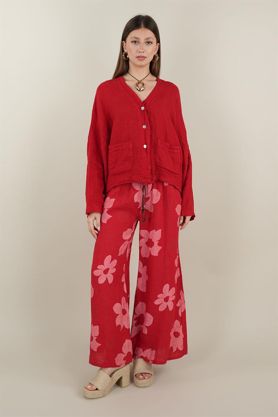 Üç Düğmeli Cepli Kırmızı Keten Ceket