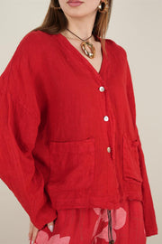 Üç Düğmeli Cepli Kırmızı Keten Ceket