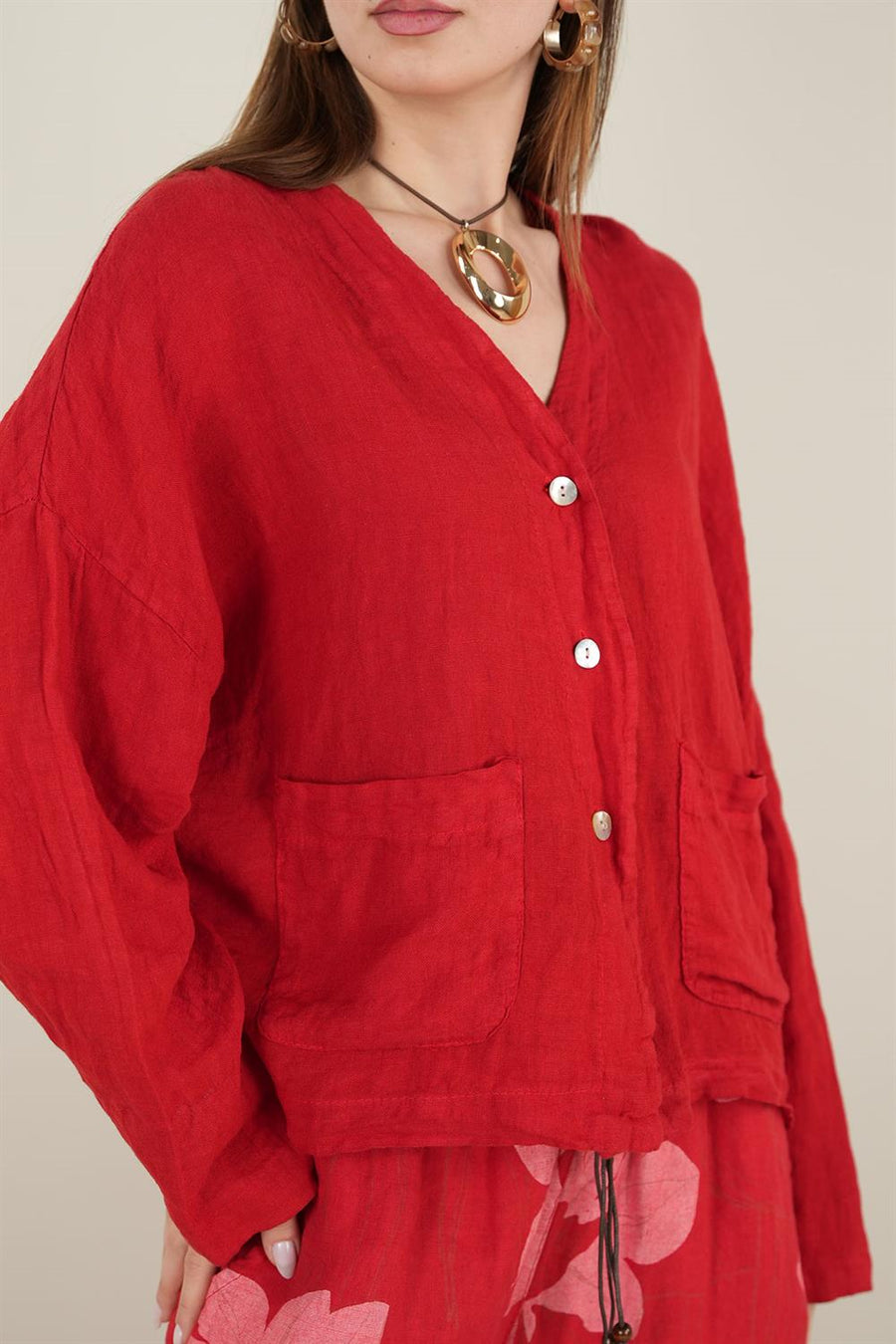 Üç Düğmeli Cepli Kırmızı Keten Ceket