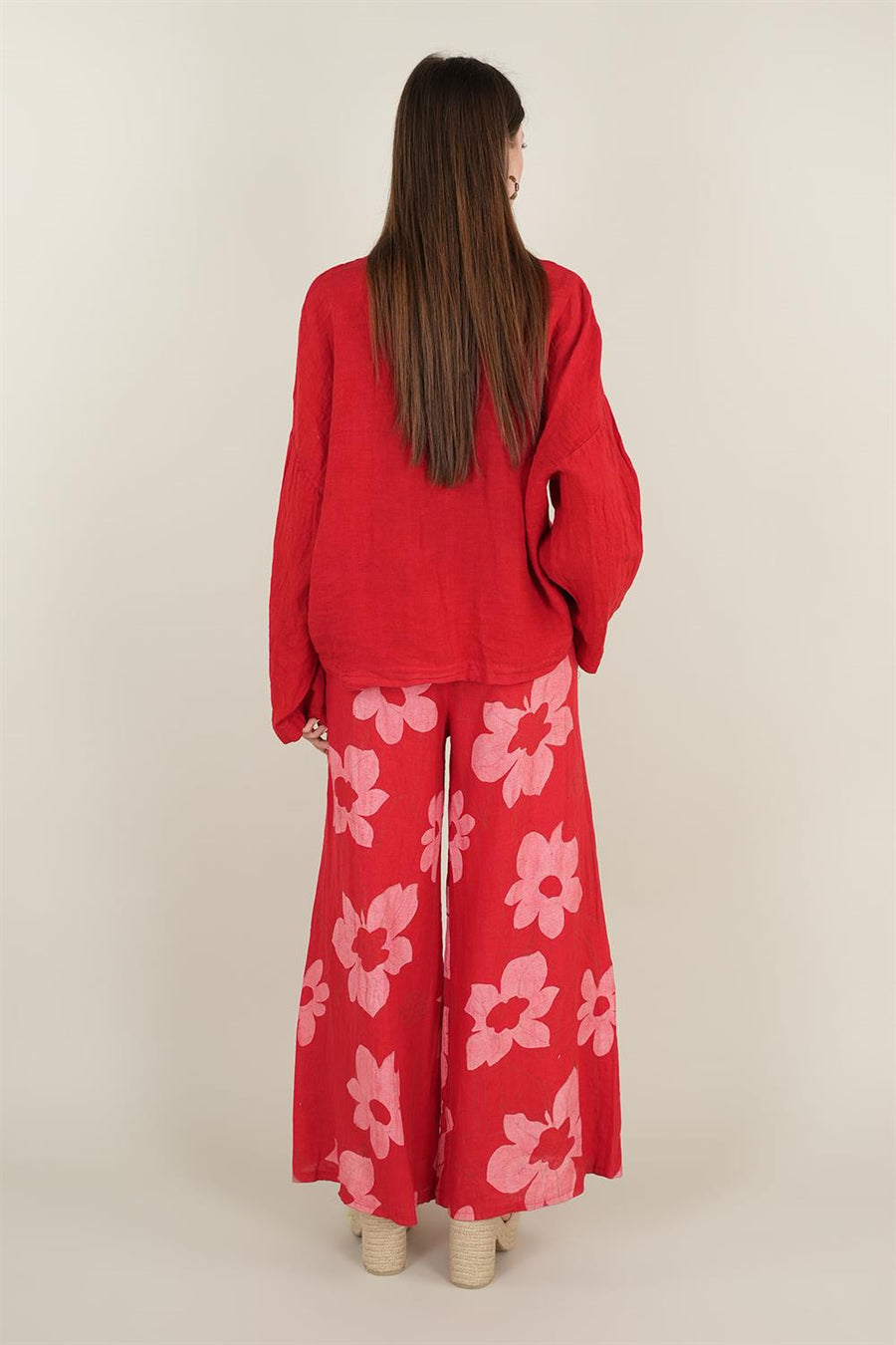 Üç Düğmeli Cepli Kırmızı Keten Ceket