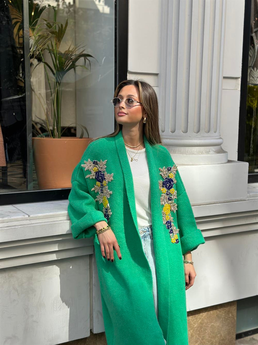 Uzun Çift Taraflı El İşlemeli Triko Hırka Benetton