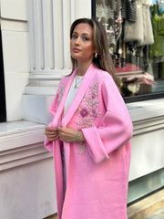 Uzun Çift Taraflı El İşlemeli Triko Hırka Pembe