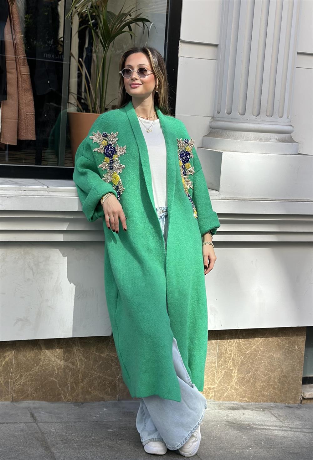 Uzun Çift Taraflı El İşlemeli Triko Hırka Benetton