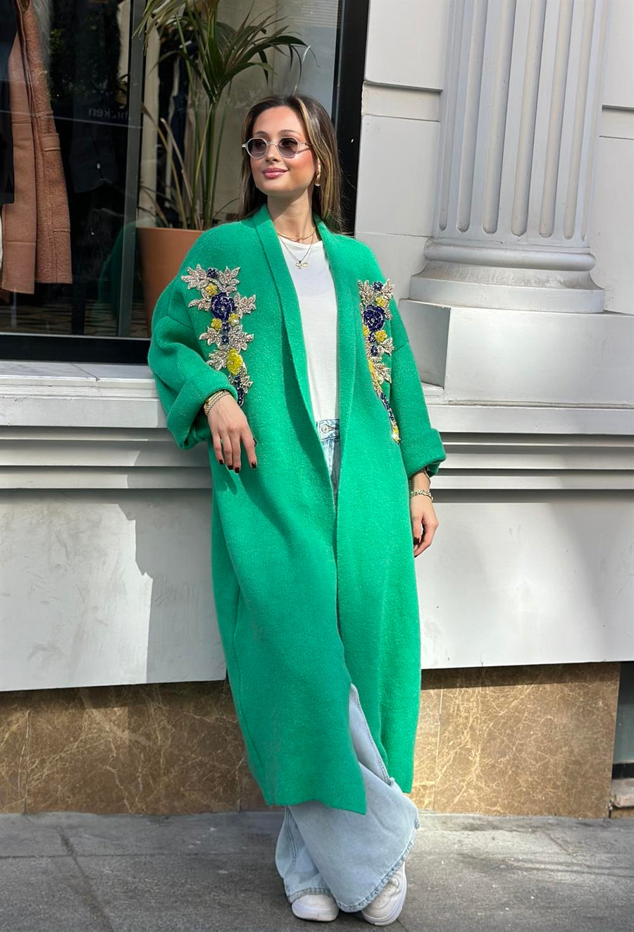 Uzun Çift Taraflı El İşlemeli Triko Hırka Benetton