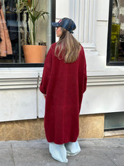 Uzun Çift Taraflı El İşlemeli Triko Hırka Bordo