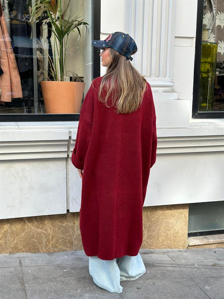 Uzun Çift Taraflı El İşlemeli Triko Hırka Bordo