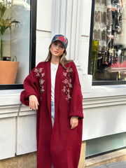 Uzun Çift Taraflı El İşlemeli Triko Hırka Bordo