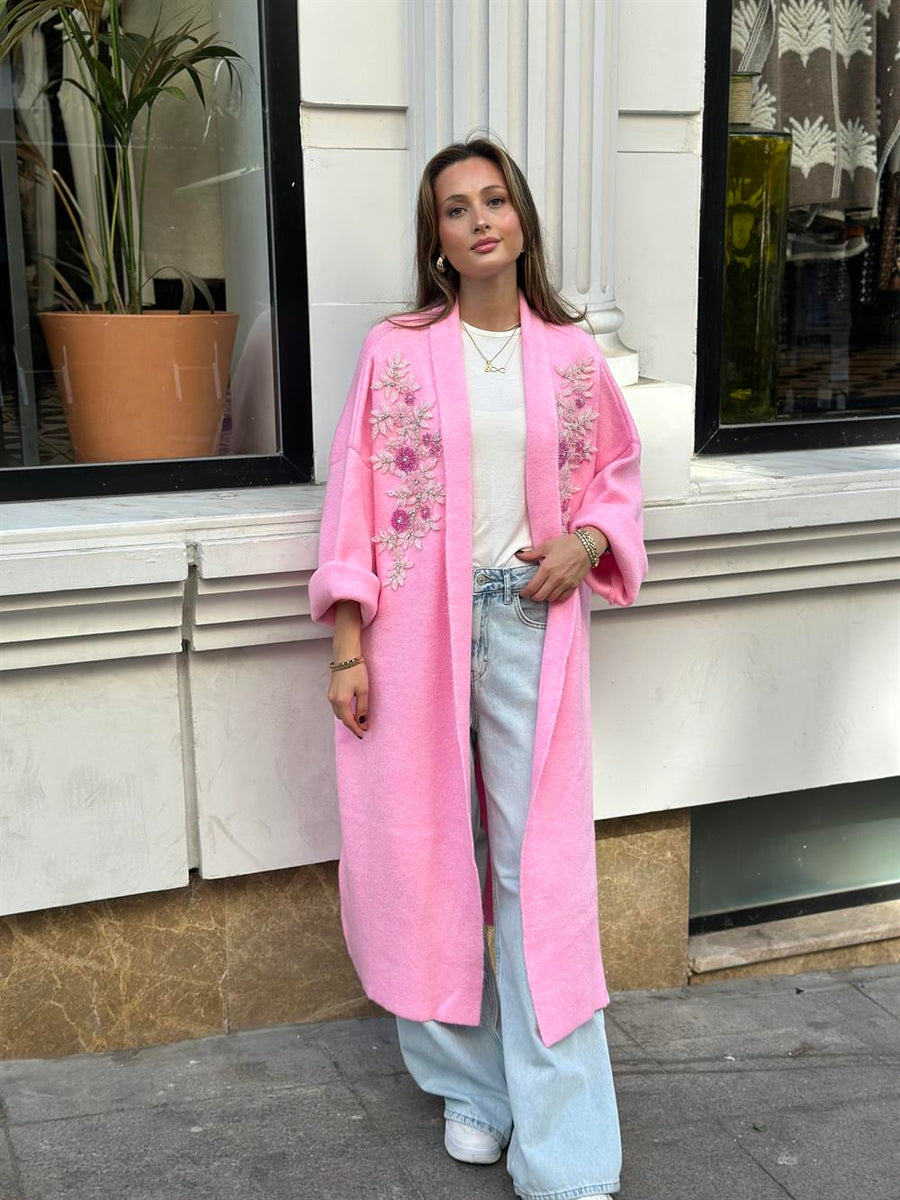 Uzun Çift Taraflı El İşlemeli Triko Hırka Pembe