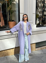 Uzun Çift Taraflı El İşlemeli Triko Hırka Lila