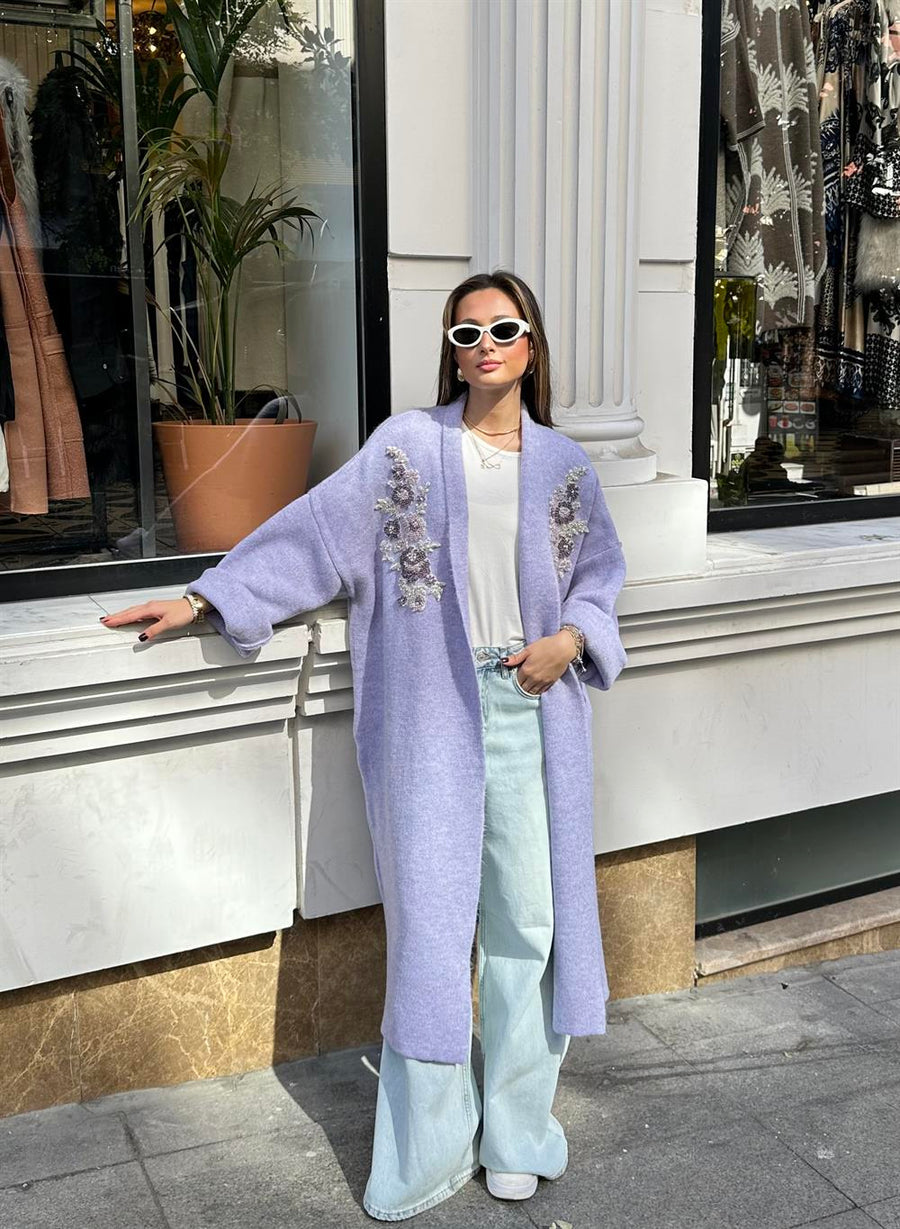 Uzun Çift Taraflı El İşlemeli Triko Hırka Lila