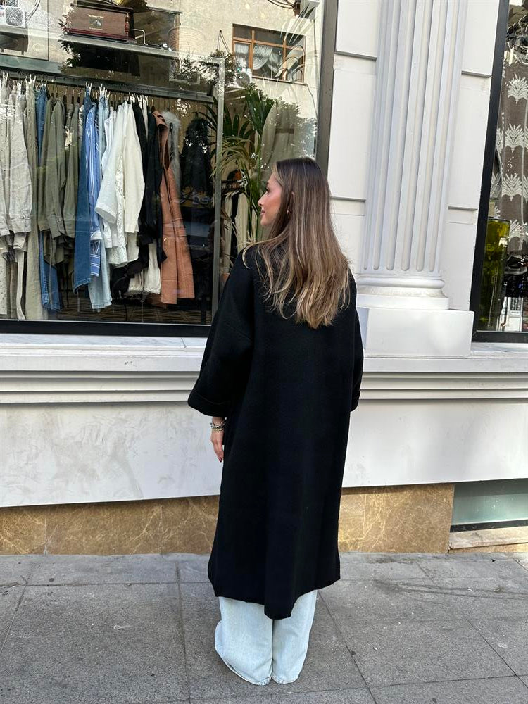 Uzun Çift Taraflı El İşlemeli Triko Hırka Siyah