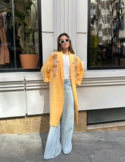 Uzun Çift Taraflı El İşlemeli Triko Hırka Sarı