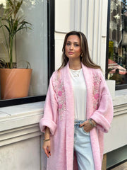 Uzun Çift Taraflı El İşlemeli Triko Hırka Pudra