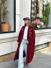 Uzun Çift Taraflı El İşlemeli Triko Hırka Bordo