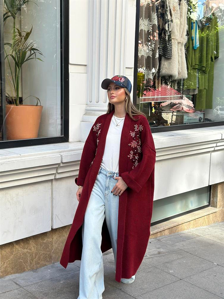 Uzun Çift Taraflı El İşlemeli Triko Hırka Bordo