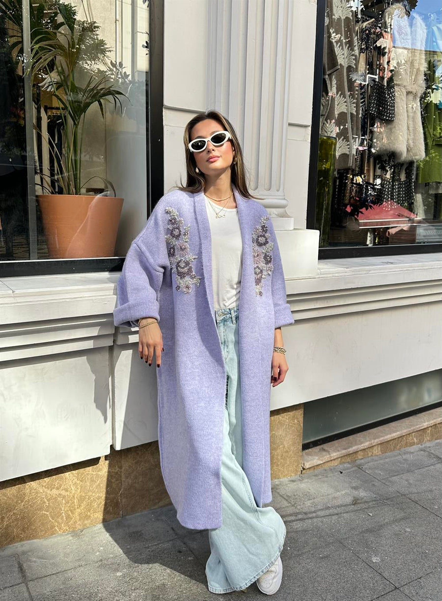 Uzun Çift Taraflı El İşlemeli Triko Hırka Lila