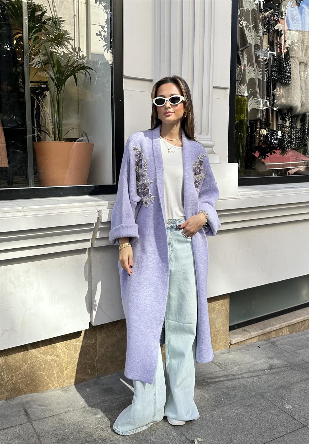 Uzun Çift Taraflı El İşlemeli Triko Hırka Lila