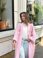 Uzun Çift Taraflı El İşlemeli Triko Hırka Pudra