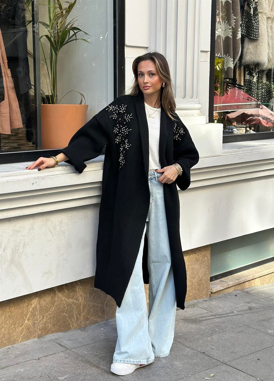 Uzun Çift Taraflı El İşlemeli Triko Hırka Siyah