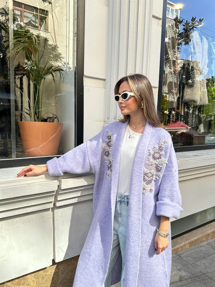 Uzun Çift Taraflı El İşlemeli Triko Hırka Lila