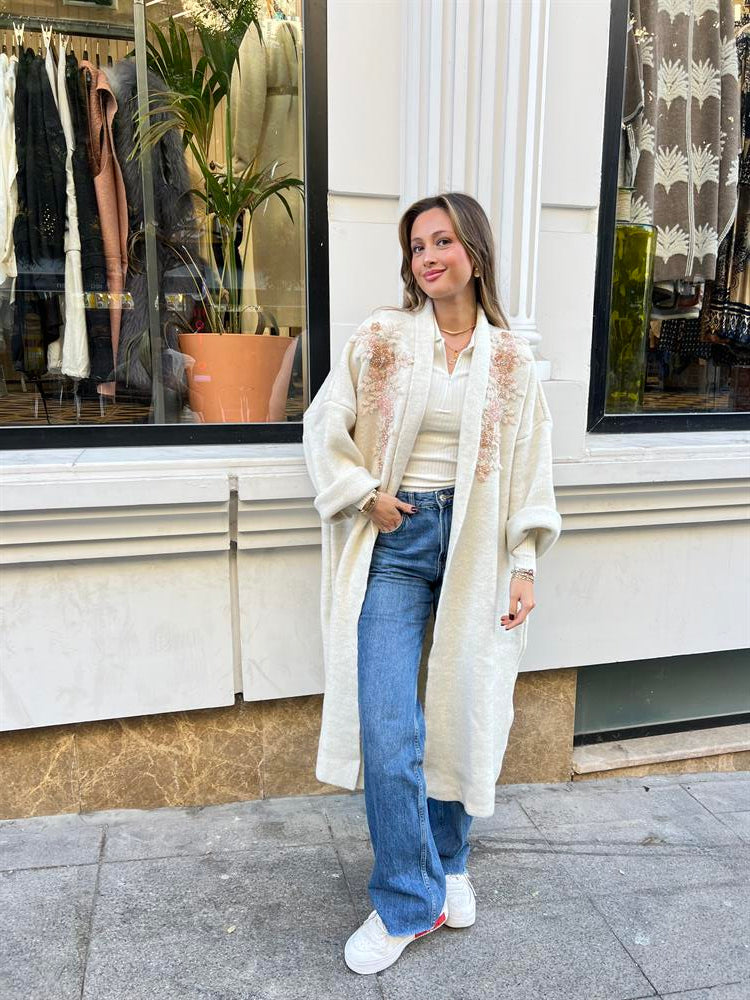 Uzun Çift Taraflı El İşlemeli Triko Hırka Krem