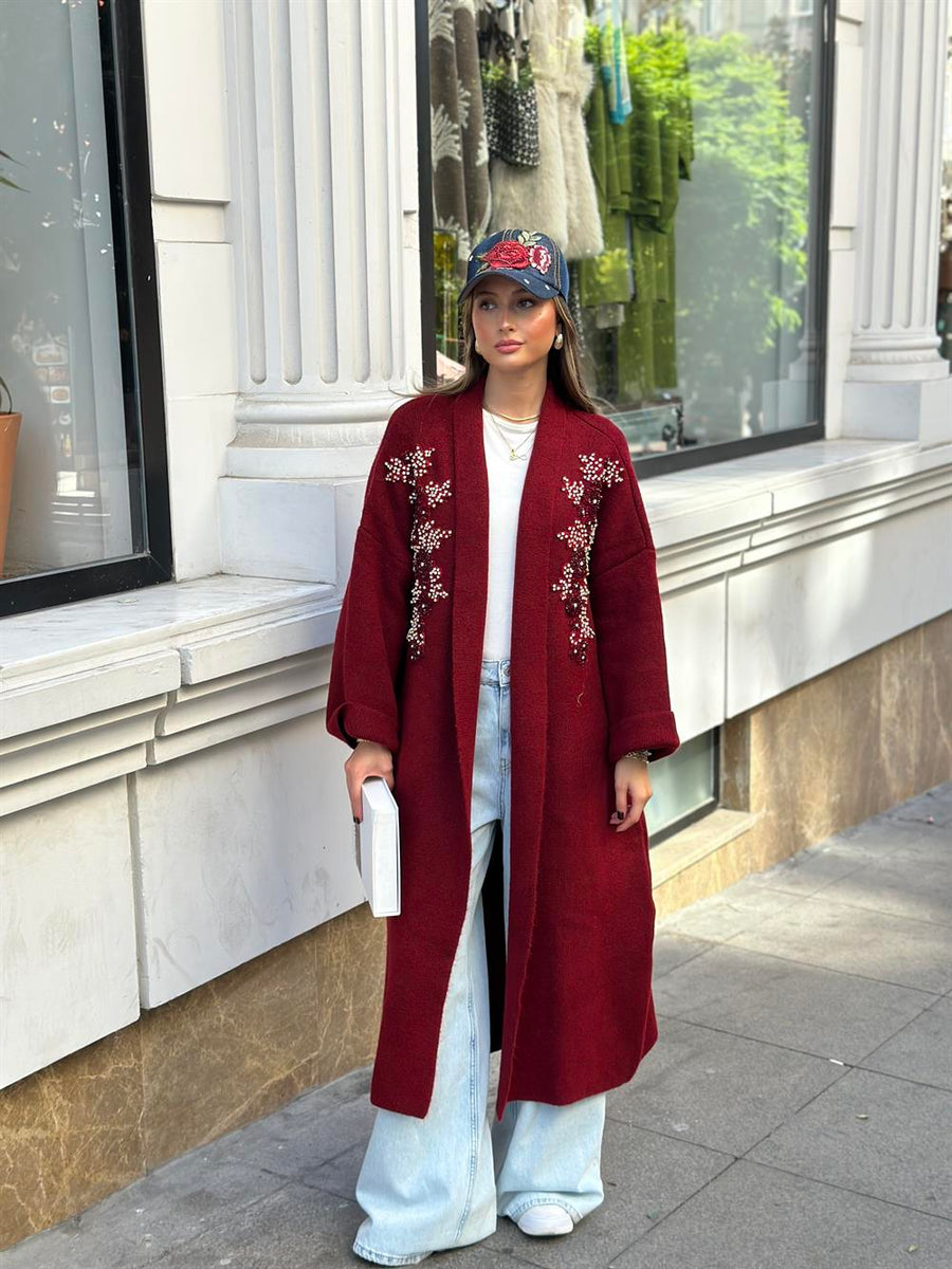 Uzun Çift Taraflı El İşlemeli Triko Hırka Bordo