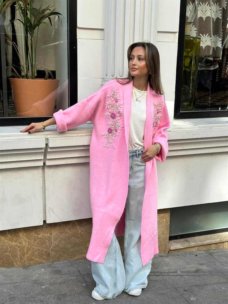 Uzun Çift Taraflı El İşlemeli Triko Hırka Pembe