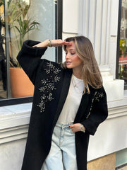 Uzun Çift Taraflı El İşlemeli Triko Hırka Siyah