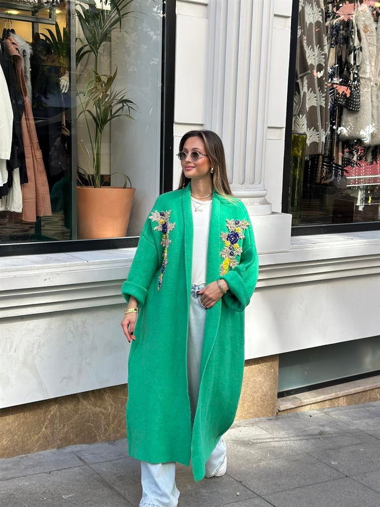 Uzun Çift Taraflı El İşlemeli Triko Hırka Benetton