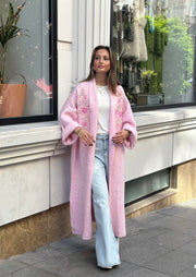 Uzun Çift Taraflı El İşlemeli Triko Hırka Pudra