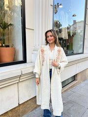 Uzun Çift Taraflı El İşlemeli Triko Hırka Krem