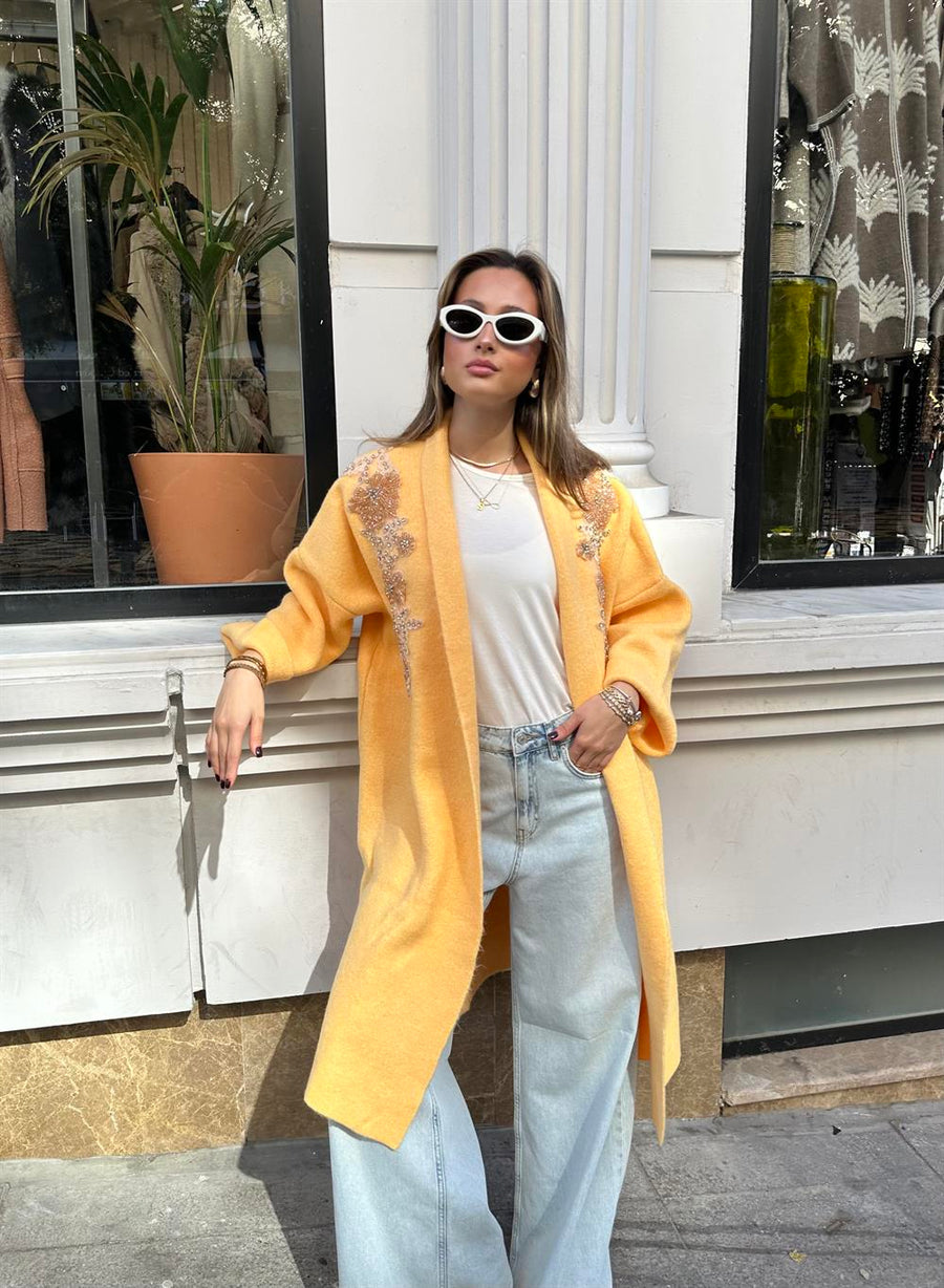 Uzun Çift Taraflı El İşlemeli Triko Hırka Sarı