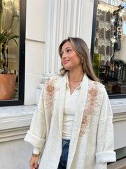 Uzun Çift Taraflı El İşlemeli Triko Hırka Krem