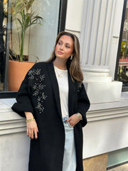 Uzun Çift Taraflı El İşlemeli Triko Hırka Siyah