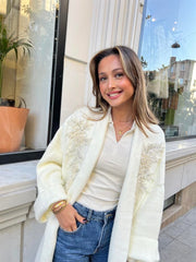 Uzun Çift Taraflı El İşlemeli Triko Hırka Beyaz