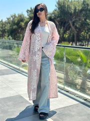 Whisper Dantel Çiçek Desenli Kuşaklı Kimono Pembe