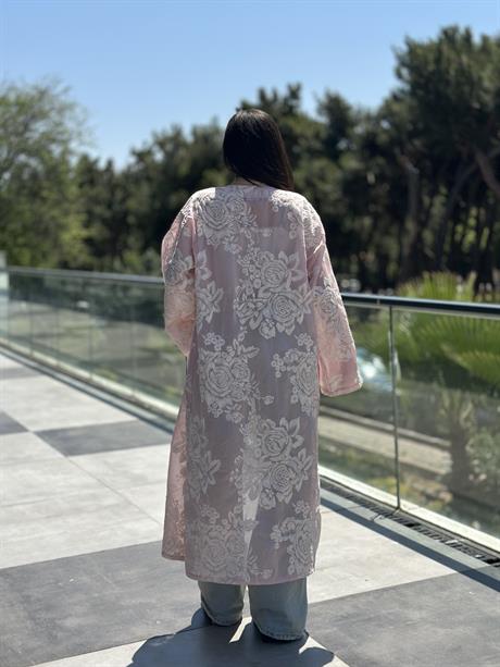 Whisper Dantel Çiçek Desenli Kuşaklı Kimono Pembe
