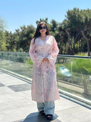 Whisper Dantel Çiçek Desenli Kuşaklı Kimono Pembe