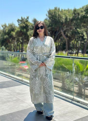 Whisper Dantel Çiçek Desenli Kuşaklı Kimono Mavi