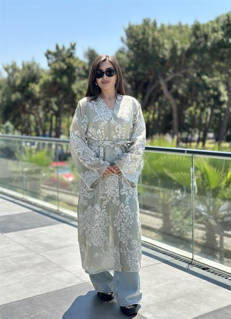 Whisper Dantel Çiçek Desenli Kuşaklı Kimono Mavi