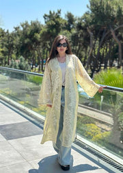 Whisper Dantel Çiçek Desenli Kuşaklı Kimono Sarı