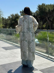 Whisper Dantel Çiçek Desenli Kuşaklı Kimono Mavi